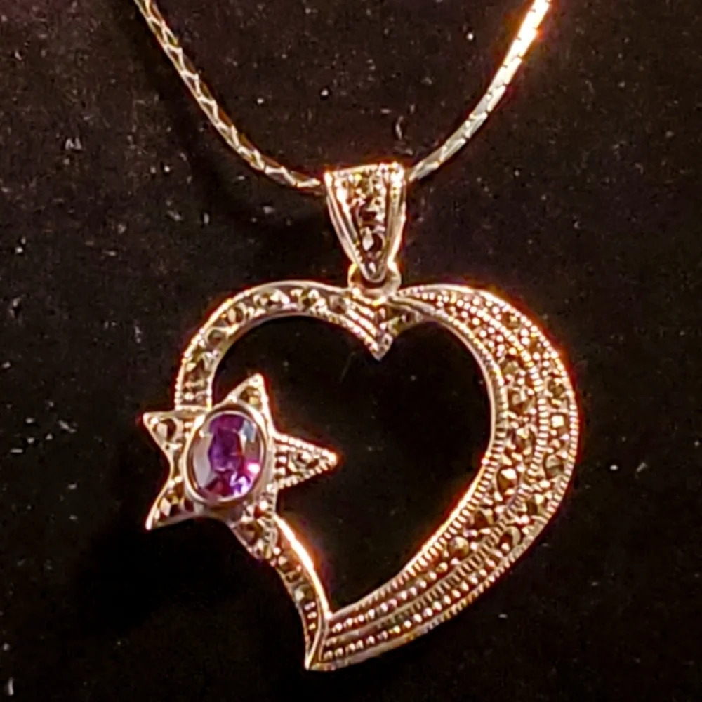 Hand Crafted Gold Heart and Star Pendant with Purple Stone